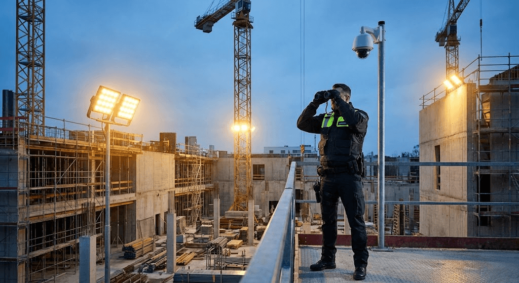 Ein Sicherheitsmitarbeiter von Seven Protect überwacht nachts mit einem Fernglas eine beleuchtete Baustelle, unterstützt durch moderne Videoüberwachungstechnik für maximalen Objektschutz.