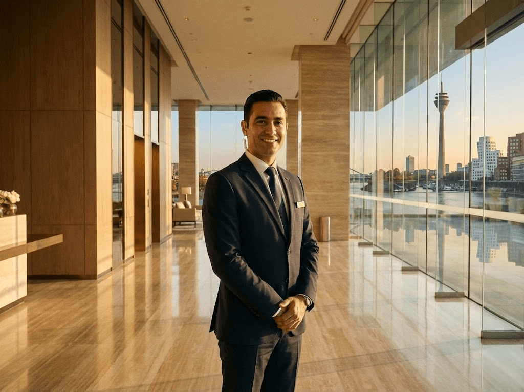 Ein lächelnder Sicherheitsmitarbeiter von Seven Protect im dunklen Business-Anzug steht bereit für den Empfangsdienst in einer lichtdurchfluteten Lobby mit Blick auf den Düsseldorfer Rheinturm.