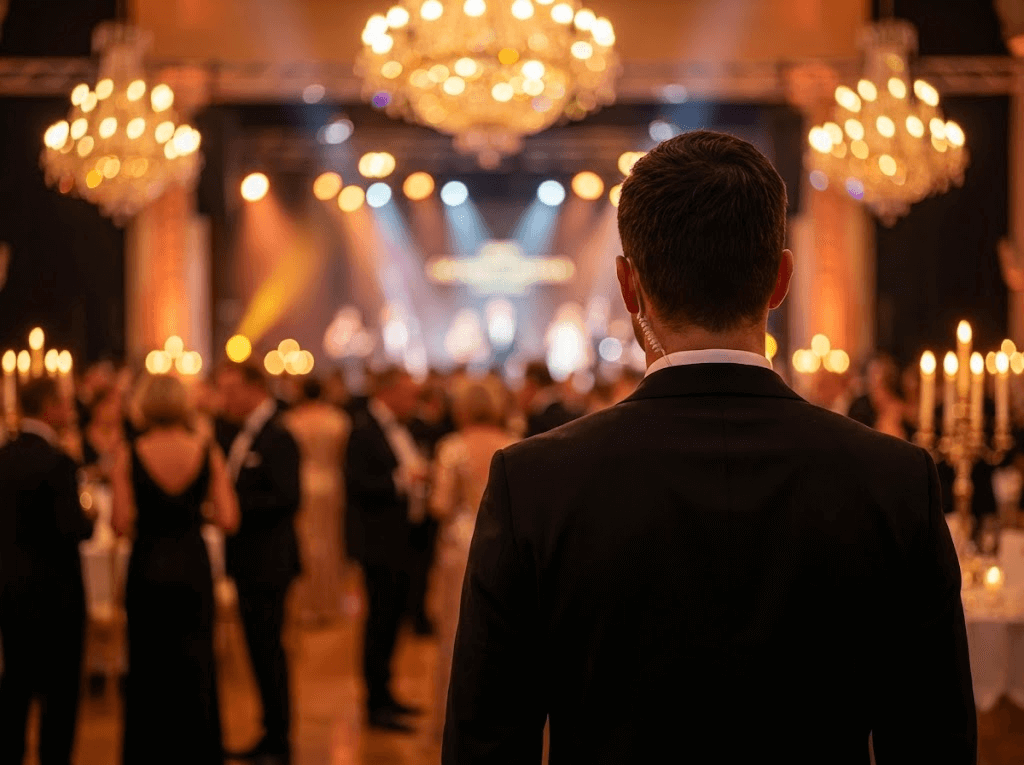 Ein Sicherheitsmitarbeiter von Seven Protect im Anzug überwacht aufmerksam eine festliche Gala-Veranstaltung mit Kronleuchtern und Abendgesellschaft, um einen störungsfreien Ablauf im Rahmen des Eventschutzes zu garantieren.