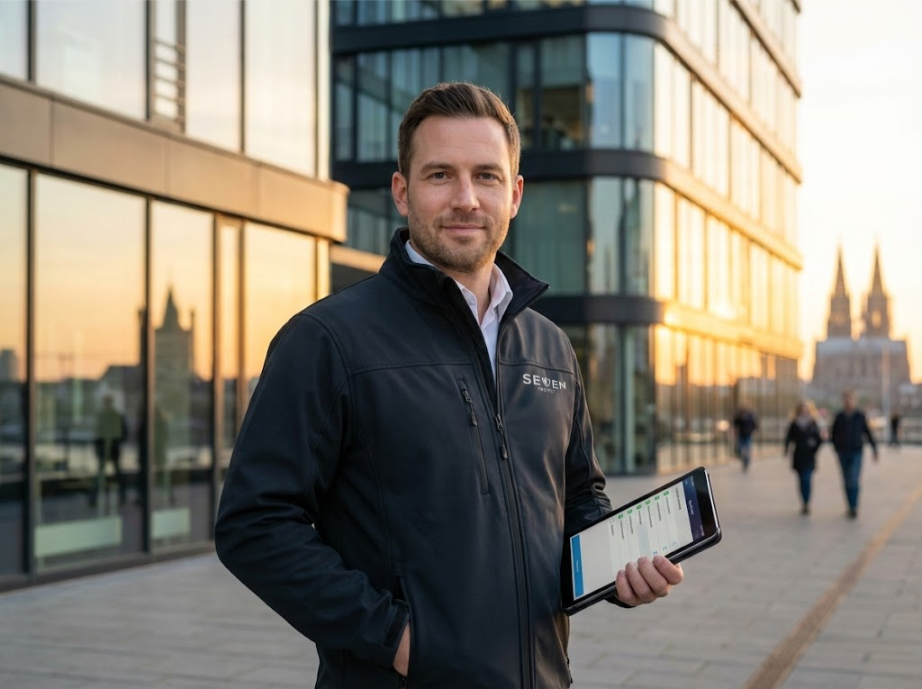 Ein erfahrener Sicherheitsmitarbeiter von Seven Protect in professioneller Outdoor-Ausrüstung steht mit einem Tablet vor einer modernen Glasfassade in Köln, im Hintergrund ist der Kölner Dom bei Sonnenuntergang zu sehen.